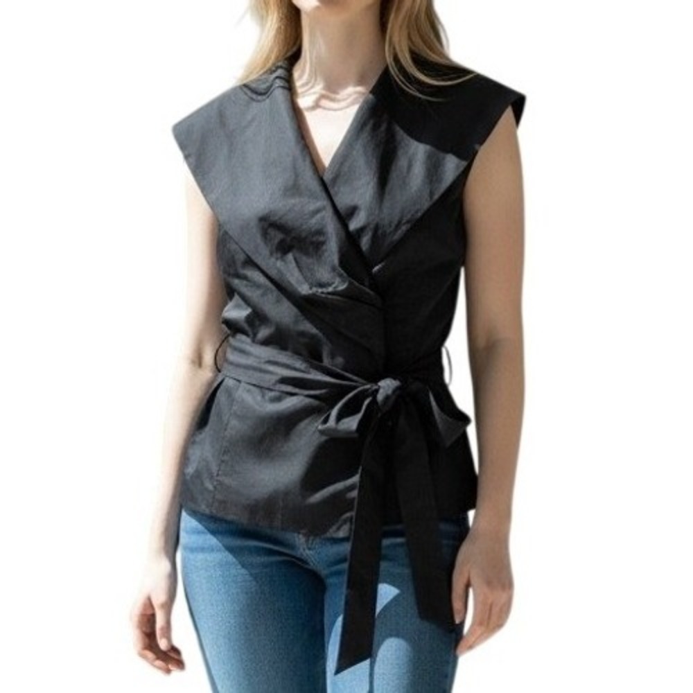 Calvin Klein Wrap Top Womens Large Black Sleeveless Shawl Collar Belted NWT